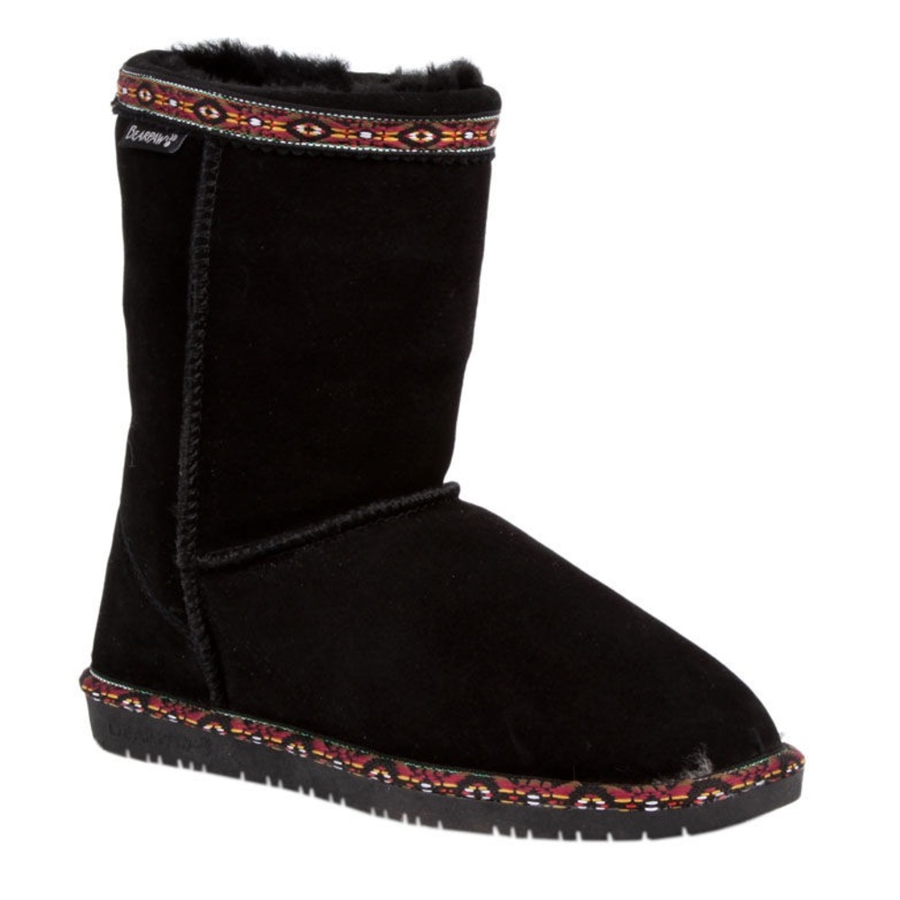 BEARPAW chocolate brown shearling leather stitches trim boots